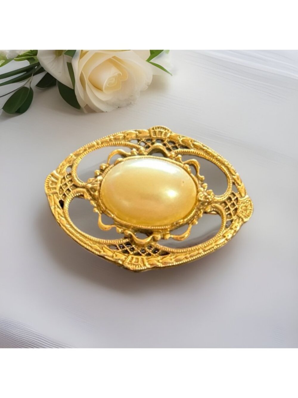 Vintage Victorian Revival Faux Pearl Brooch Gold Tone Filigree 1.5” Oval Pin
